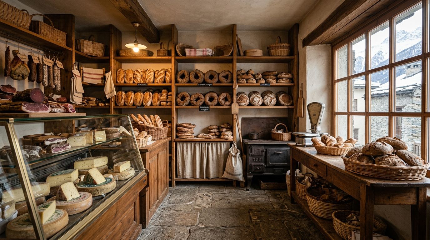 Interno di una piccola bottega di paese: scaffali di legno pieni di pagnotte, anelli di pane di segale e pani tondi, a sinistra un banco frigo con forme di formaggio e salumi appesi, a destra cesti di pane davanti a una finestra con le montagne innevate